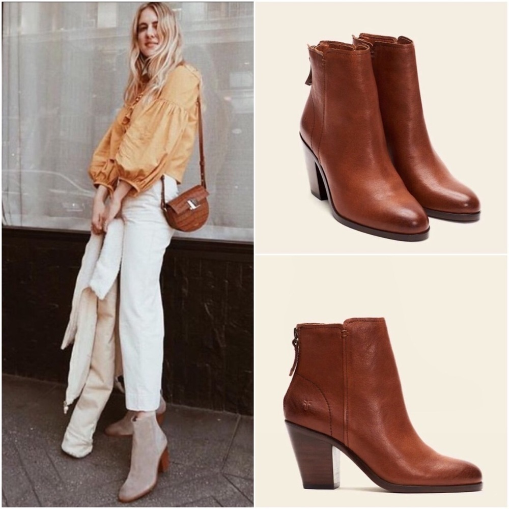 $379 Frye Cameron Cognac Genuine Leather Back Zip Fall Almond Toe Ankle Bootie